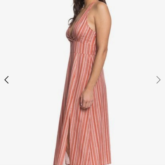 NWT Roxy Young Goddess linen blend red stripe midi dress with slits - Picture 2 of 8